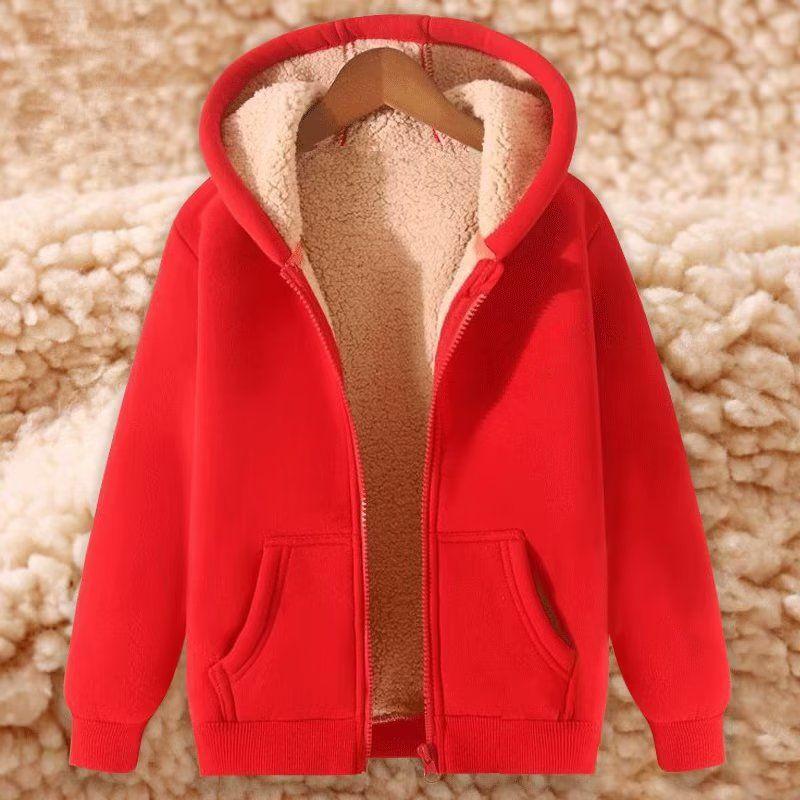 Solid Color Hooded Cardigan Men's Autumn Winter Sheep Plush Coat Thickened Fleece Lined Long Sleeve Hoodie Sweatshirt