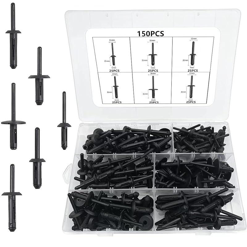 150Pcs Plastic Rivet Clip,Automotive Universal Nylon Pop Rivet Assortment,6 Most Popular Sizes Black Nylon Universal Rivet Kit,Replacement For GM