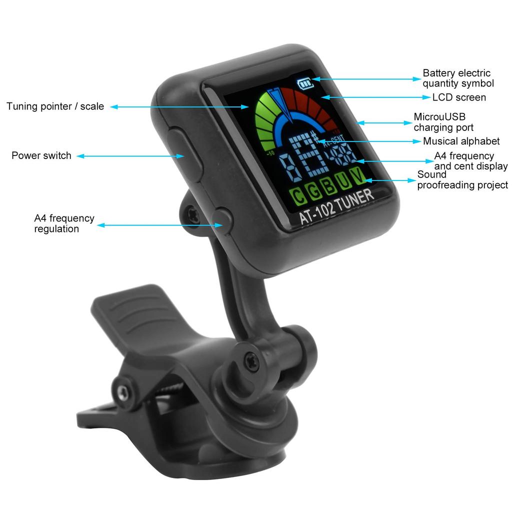 Clip-on USB Guitar Tuner, Rechargeable, for Stringed Instruments (AT-102 Black)