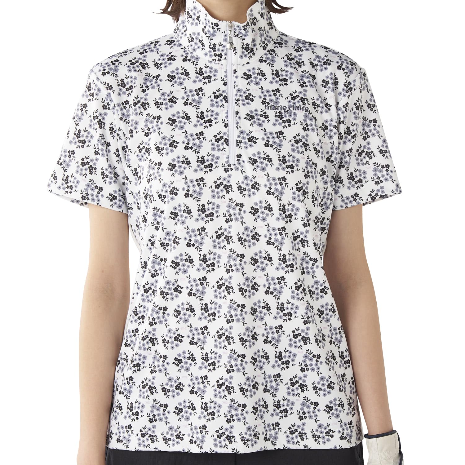 

Женская футболка Marie Claire с коротким рукавом UV Dry Floral 715658, на молнии до половины, защита, посадка, эластичность, принт, черный, чёрный