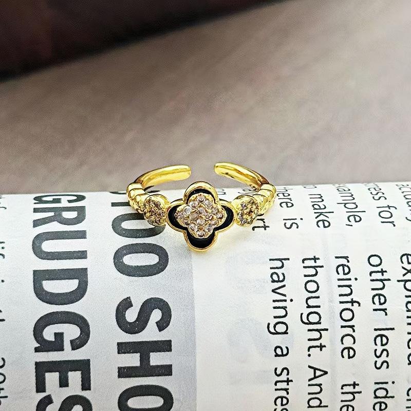 Niche High-End Zircon Enamel Dripping Oil Dark Four-Leaf Clover Open Ring, Female Delicate Personality Stacked Index Finger Ring