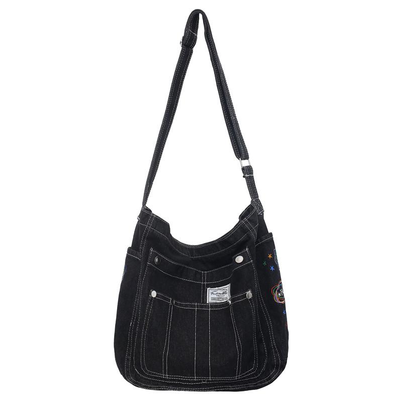 

Denim Shoulder Bags Canvas Embroidery Totes Fastoralism Female Packages Large Capacity Leisure Or Travel Bag For Women Book Bag чёрный
