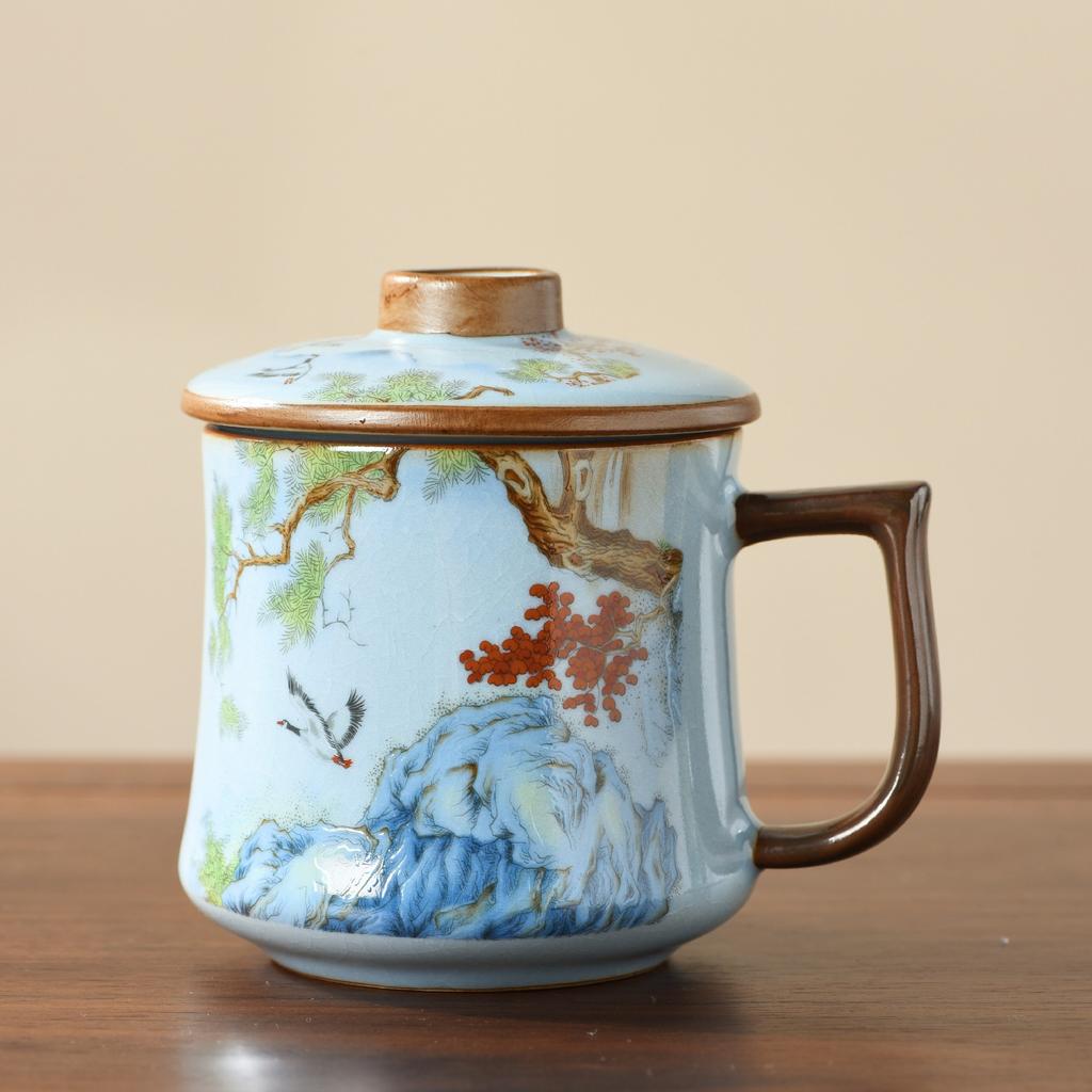 Ru kiln mug gift box with lid tea separation water cup ceramic tea brewing office cup business meeting souvenir