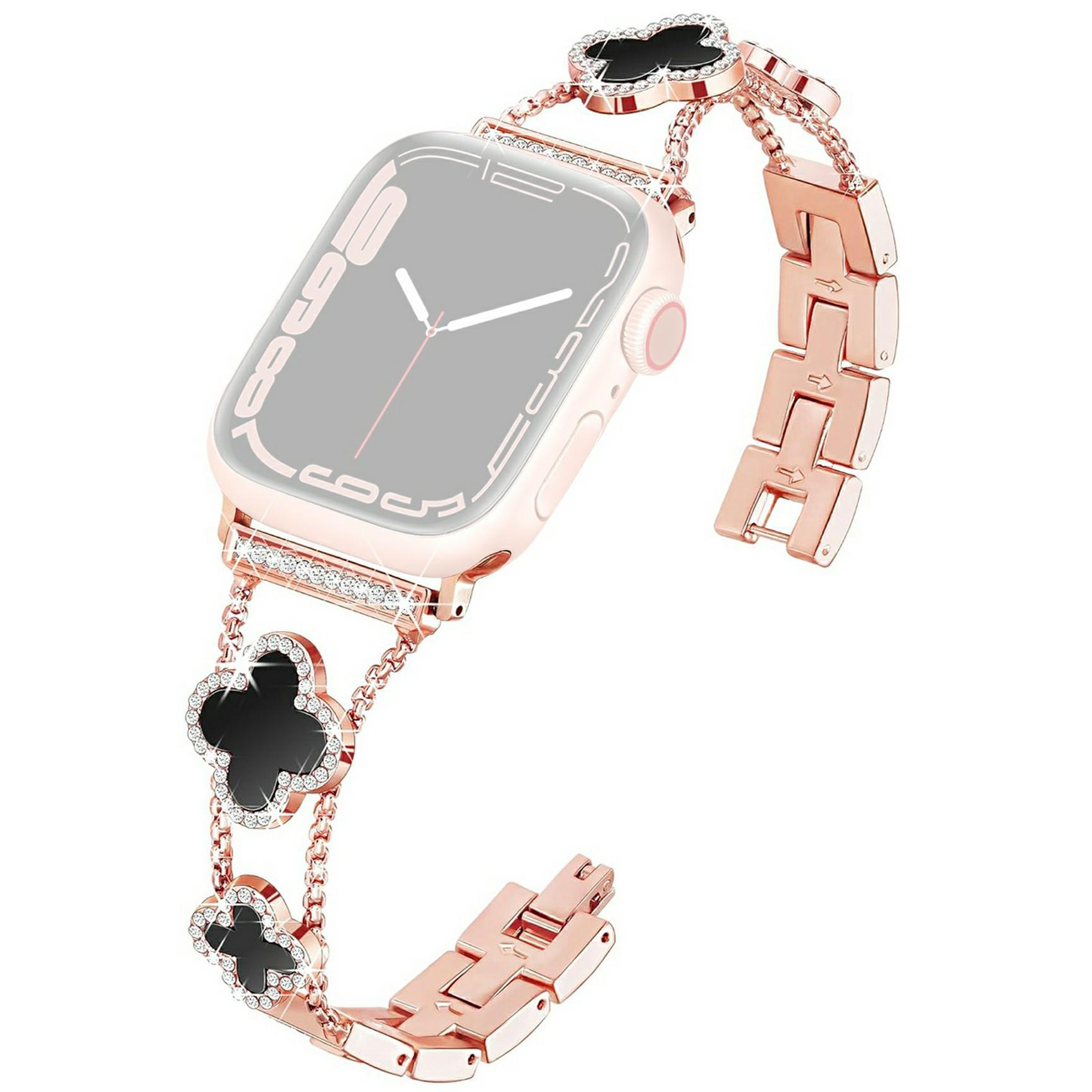 

KALEBOL Metal Watch Band for Apple Watch Series 10 Ultra 9 8 7 SE 6 5 4 3 2 1 46mm 49mm 45mm 44mm 42mm Rhinestone Clover Zinc Alloy Strap Rose Gold