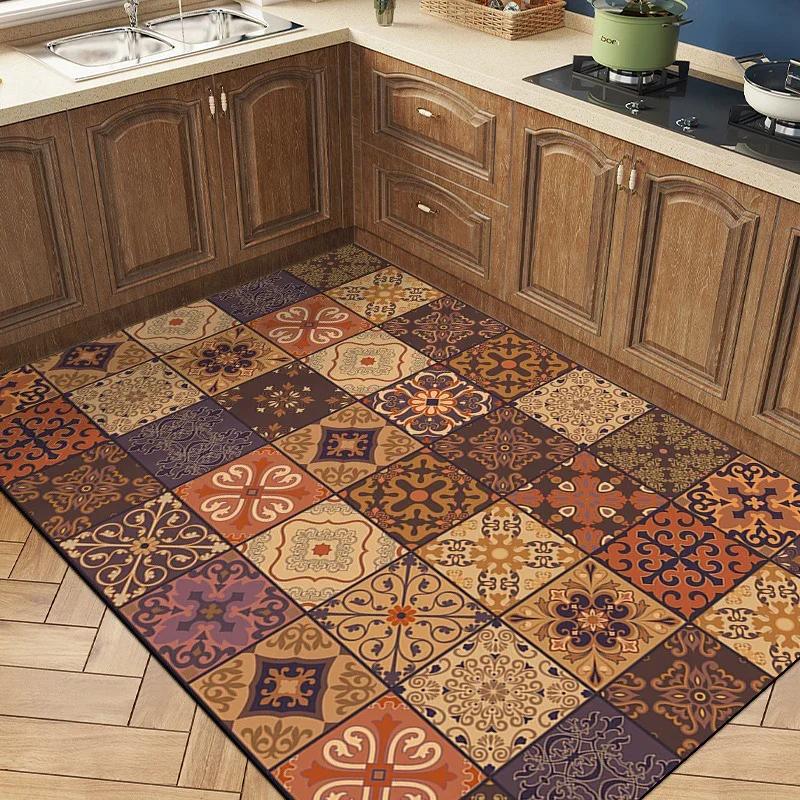 Kitchen Vinyl Carpet PVC Waterproof Non-slip Floor Mat Leather Oil-proof Foot Mats American Retro Style Home Decoration Rug