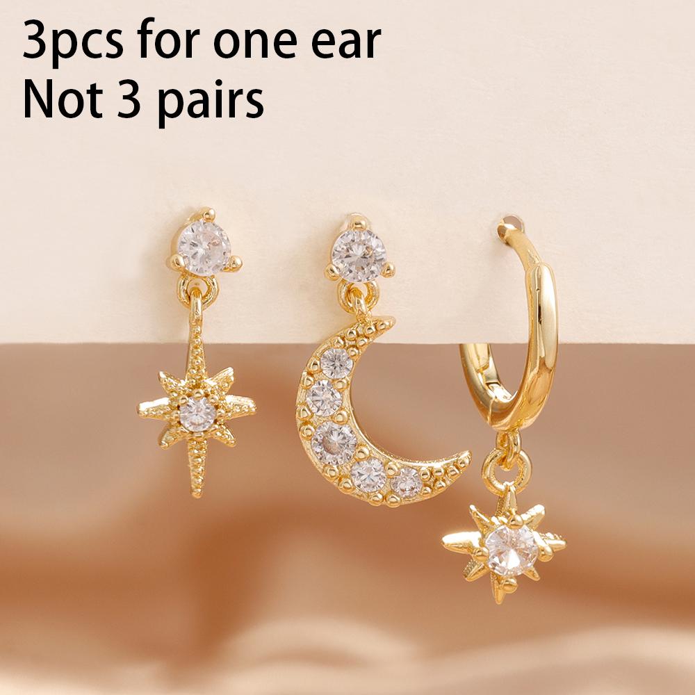 3PCS New Design Stainless Steel CZ Zircon Star Moon Stud Earring Set For Women Punk Unisex Rock Earring Statement Jewelry aretes