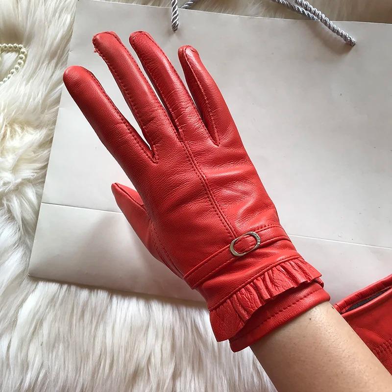 

Женские перчатки из натуральной кожи, бархатные, осенне-зимние, теплые перчатки, короткие перчатки из овчины с кружевом и пуговицами