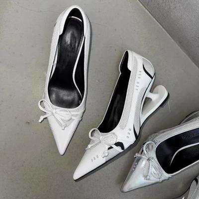 Vintage Pointed Toe Shallow Mouth Splice Face Non-Slip Wear-Resistant High Heels Shoe Bow Mary Jane Shoes Size 42