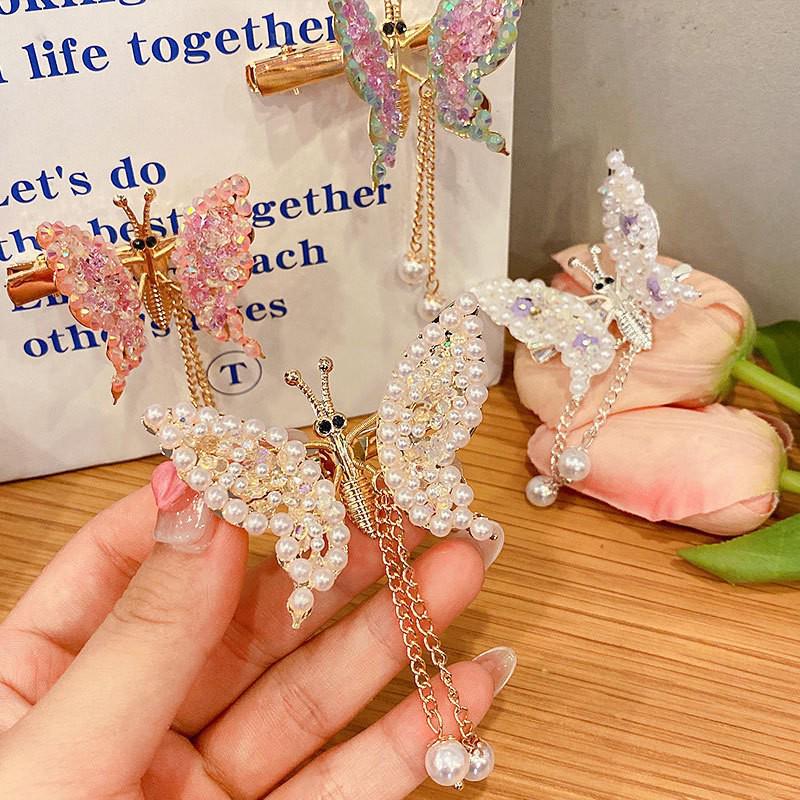 Children's Hanfu Butterfly Pearl Tassel Hair Clip - Women's Winged Head Accessory