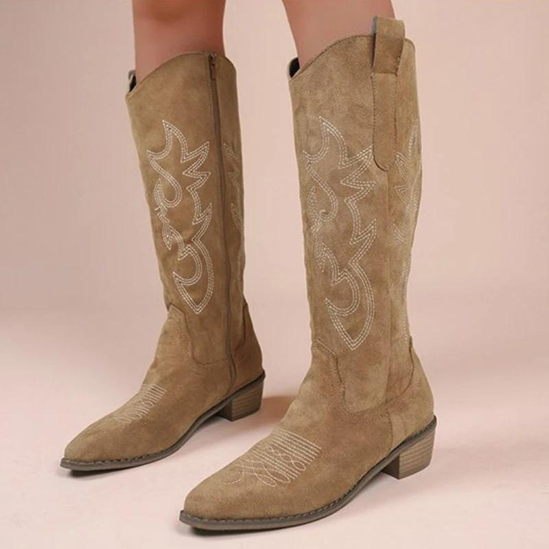Fashion Women Boots Embroidered Western Cowboy Boots Spring Autumn Pointed Toe Thick Heel High Knee Boots PU Leather Long Boot Botas New