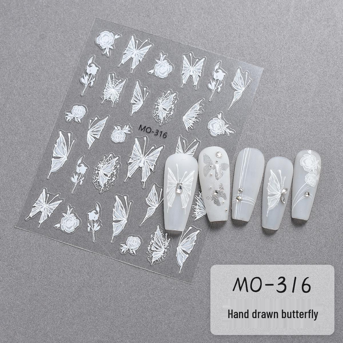 Chinese Ink Butterfly & Rose Embossed Nail Stickers - Black & White Hand-Painted Style