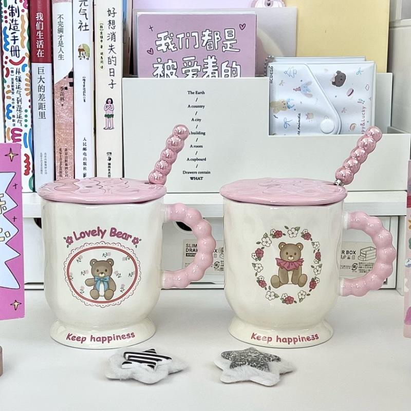 High Looking Cute Little Bear Goblet Cartoon Ceramic Mug with Lid Spoon Girl Coffee Cup Birthday Gift