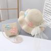 Wide Brim Straw Bag Cap Set Pearl Bow Style Sun Hat Sunscreen Sunshade Hat  for 2-8 Years Kids