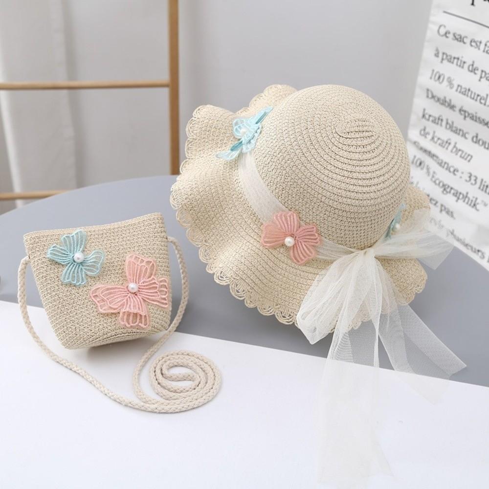 Wide Brim Straw Bag Cap Set Pearl Bow Style Sun Hat Sunscreen Sunshade Hat  for 2-8 Years Kids