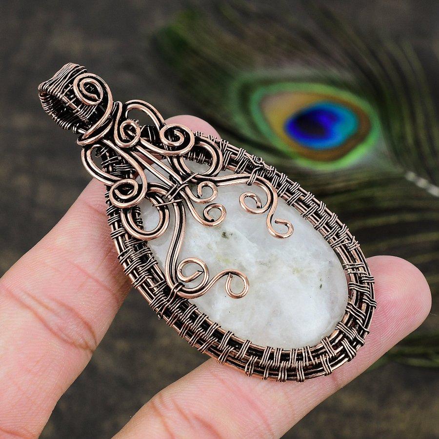 Rainbow Moonstone Gemstone Copper Wire Wrap Jewelry Pendant 3.07
