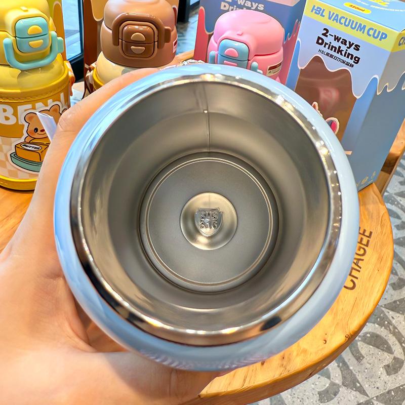 New Cartoon Double Drink Children's Thermos Cup High Value Large Capacity Portable Straw Cup Cute Student Thermal Insulation Water Cup