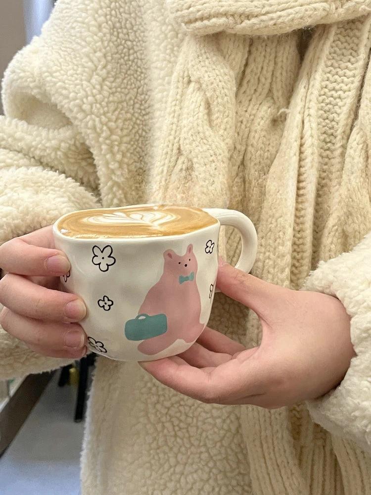 Creative Cute Bear Pattern Ceramic Mugs with Handle Hand Pinched Irregular Coffee Cups Handmade Breakfast Milk Oatmeal Tea Cup