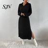 Ribbed Sweater Dress Women Knit for Fall Winter, Long Sleeve with Elegant Dresses Side Split, Solid Color Casual Collared V Neck Midi