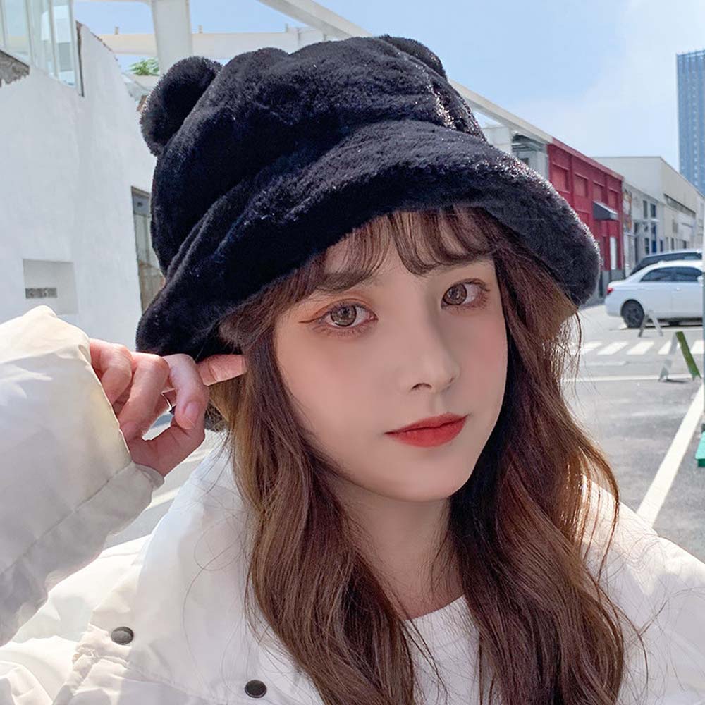 Thick Girls Bear Ears Leopard Autumn Winter Korean Fisherman Hat Basin Hat Plush Bucket Hats