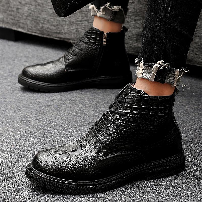 Mens Boots High Quality Men Casual Shoes Winter Lace-Up Side Zipper Ankle Boots Plush Warm Outdoor Snow Shoes Crocodile Pattern