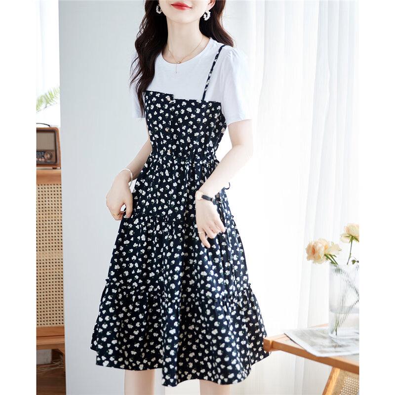 

Women s Faux Two-Piece Floral Color-Block T-Shirt Dress L