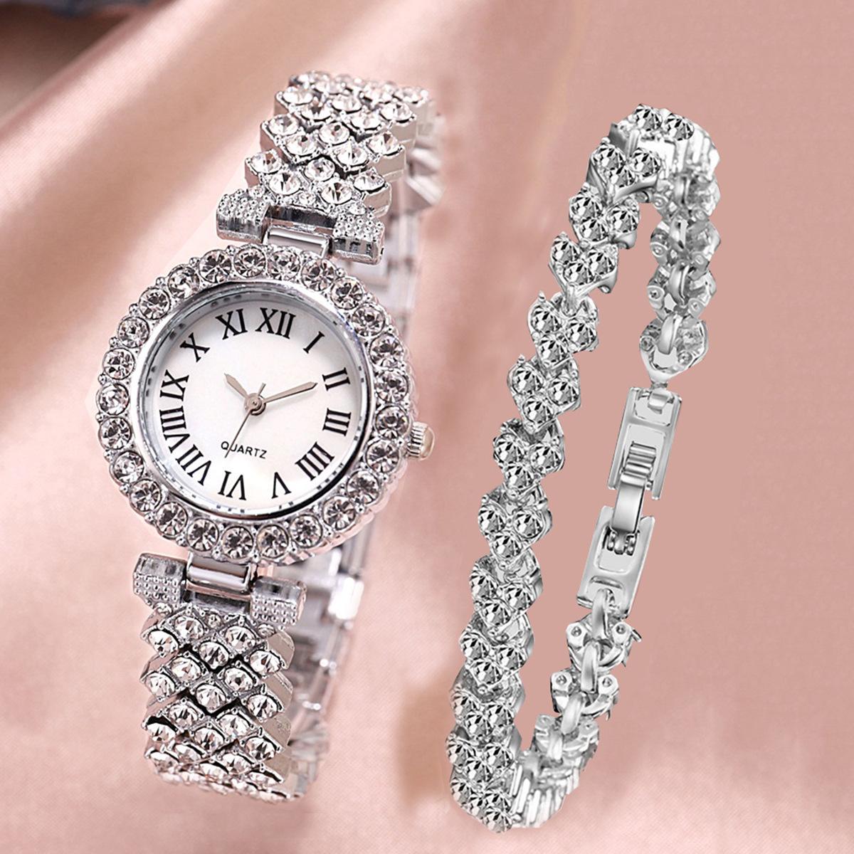 

2pcs Luxury Women Rhinestone Rose Gold Watch Fashion Ladies Quartz Diamond Wristwatch Elegant Female Bracelet Watches Set Gift серебряный
