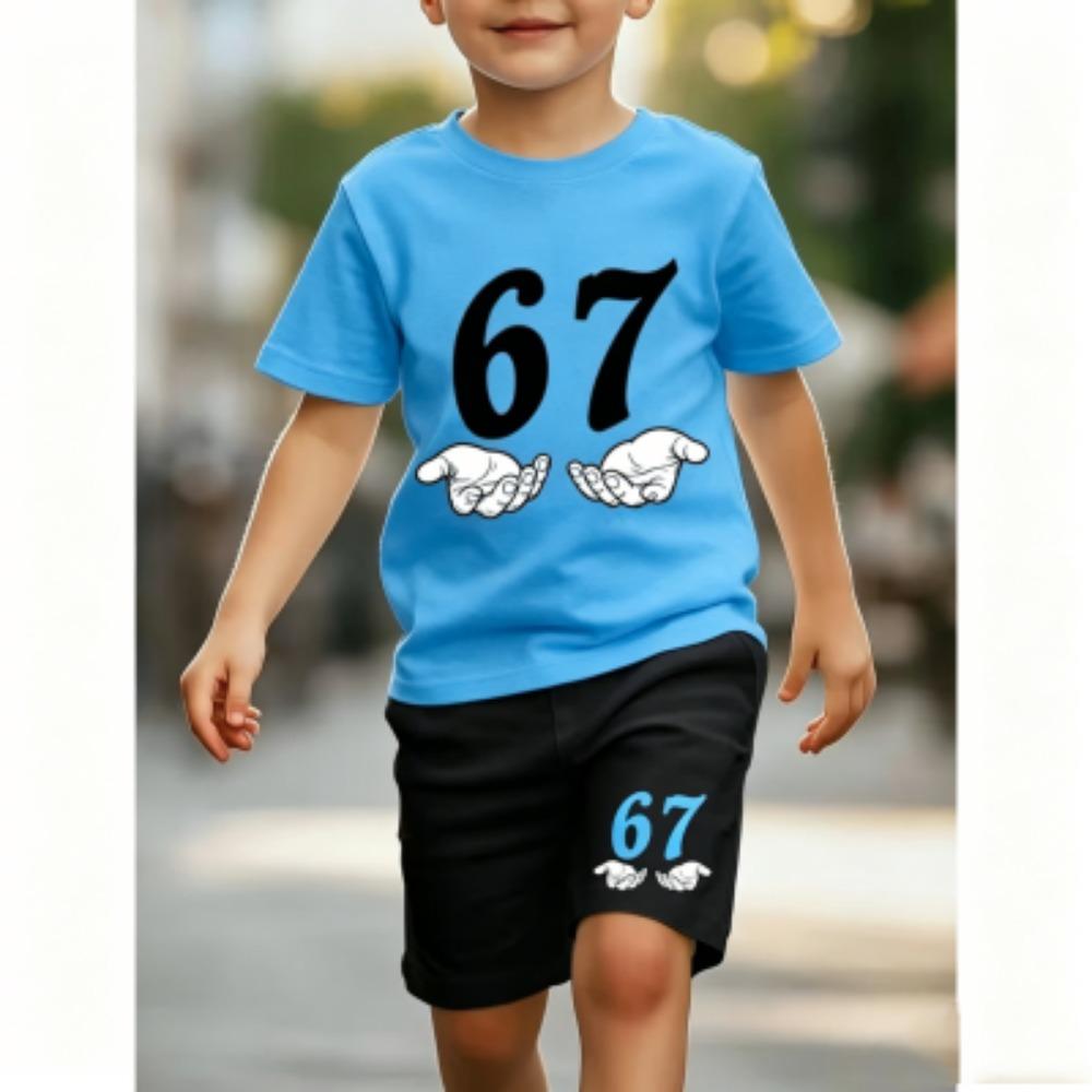 Fashion Funny 67 Palm Printed 11 Colors Kids T-shirt and Shorts 2 Piece Set Summer Home Outdoor Casual Outfit for Boy and Girl's T-shirt Sports Set