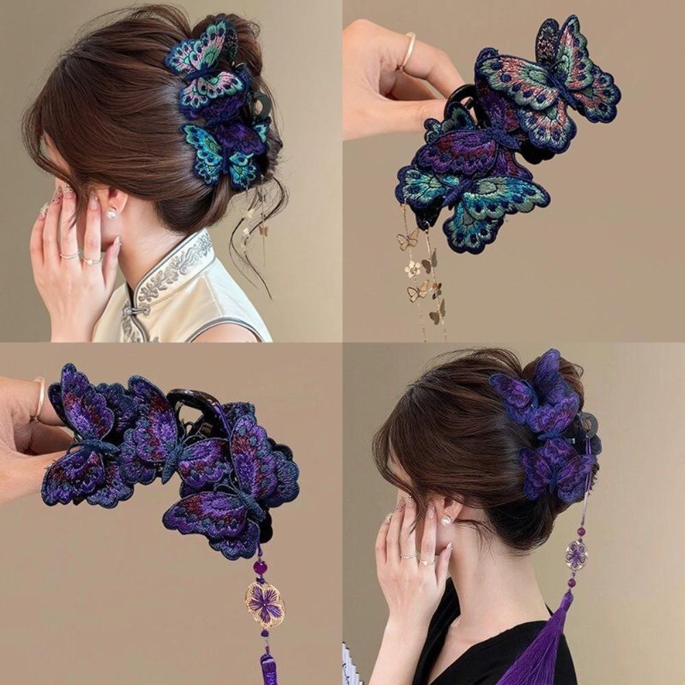 Plastic Butterfly Hair Claw Flower Tassel Large Shark Clip Fashion Hair Grab Clip Formal Occasions