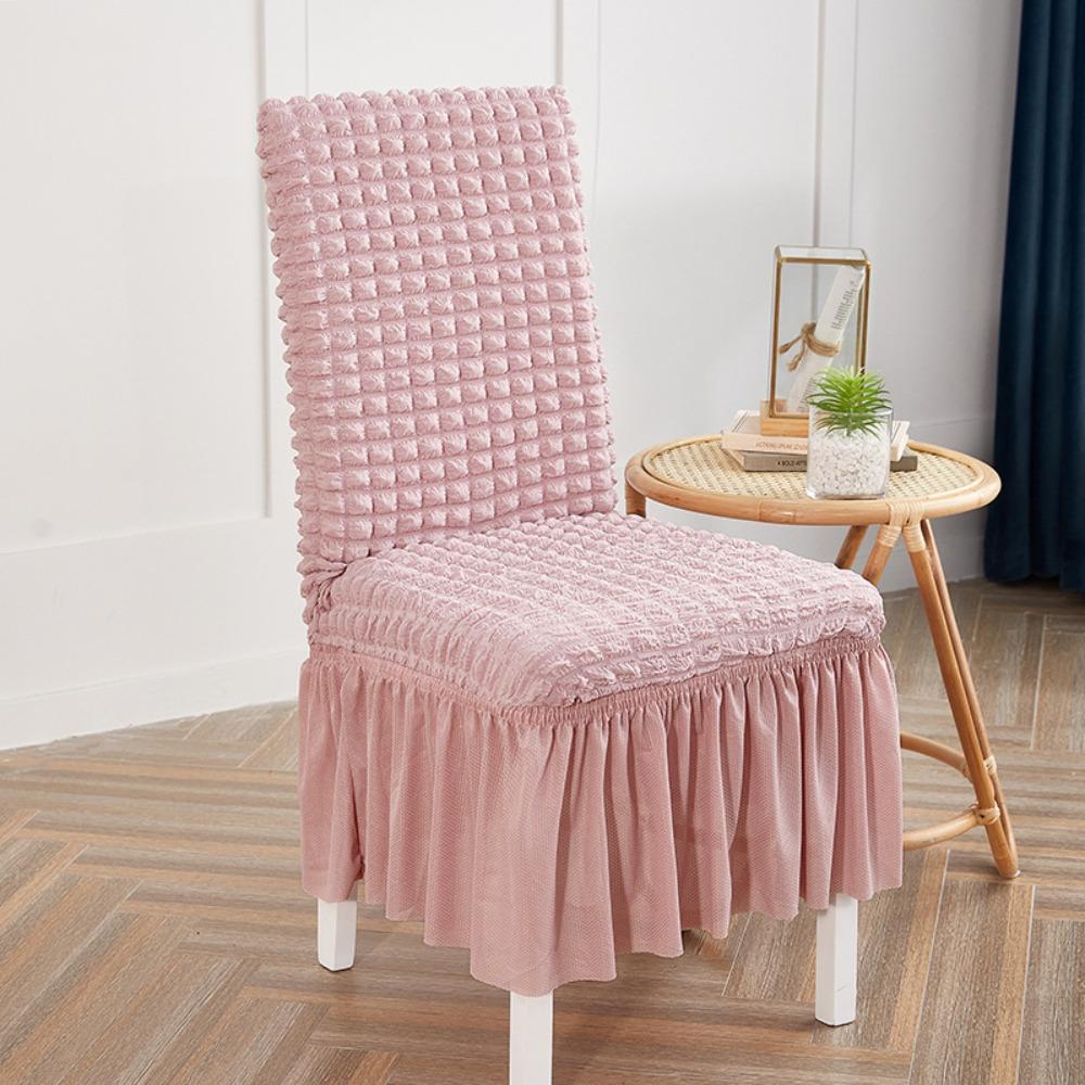 Thick 3D Bubble Gauze Chair Cover with Lace Hem Universal Stretch Elastic Dining Chair Slipcover