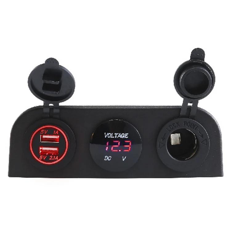3 in 1 Tent Base Dual USB Car Charger Socket Power Outlet LED Digital Voltmeter Cigarette Lighter Socket for Truck Car Marine