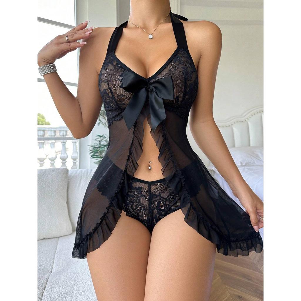 European and American Style Women’s Sheer Mesh Lingerie, Sexy Ultra-Thin Lace Halter Nightgown with Bow Erotic Sleepwear