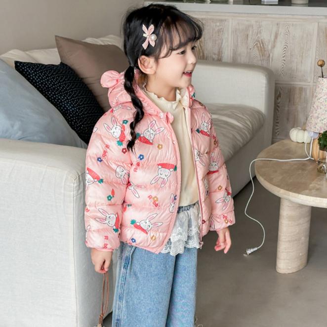 Korean Style Winter Baby Girl Thickened Short Cotton-padded Jacket Girls' Warm Cotton-padded Clothes Children's Autumn Cute Pink Cartoon Print Coats