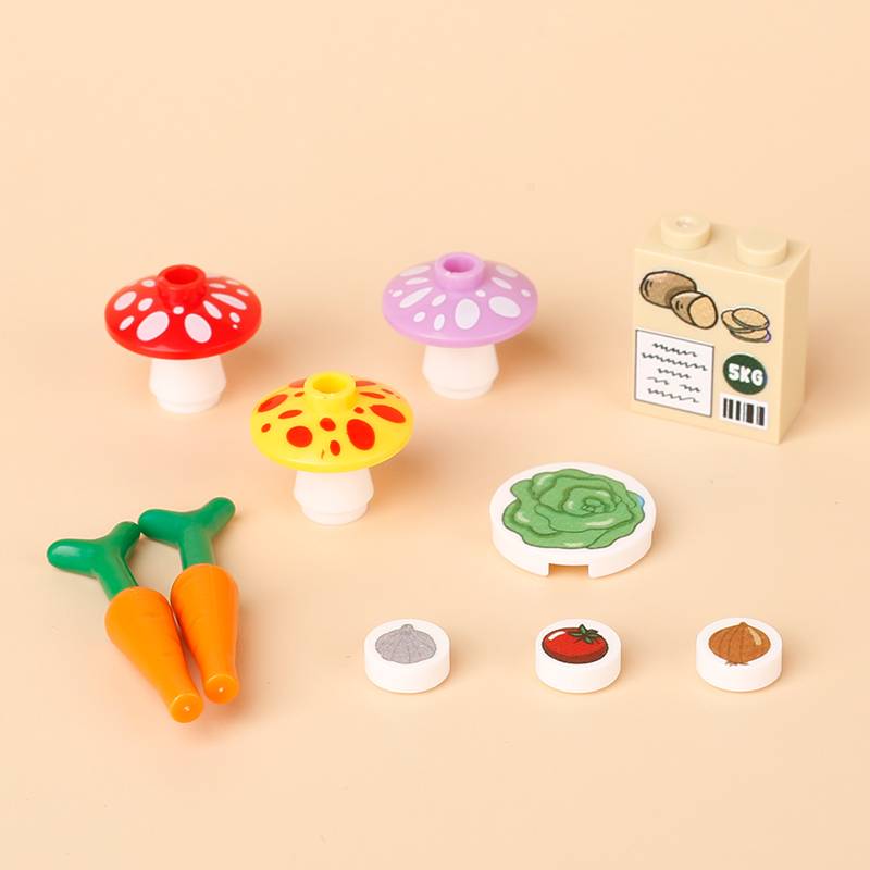 City Food Building Blocks Character Accessories Printing Set Fish Mushroom Fruit Burger Refrigerator Hot Dog Pizza Basin Toy
