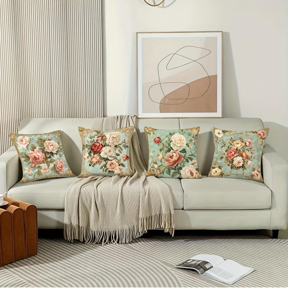 Vintage Light Green Rose Pattern Home Decor Pillowcase Living Room Sofa Polyester Cushion Cover with Zipper