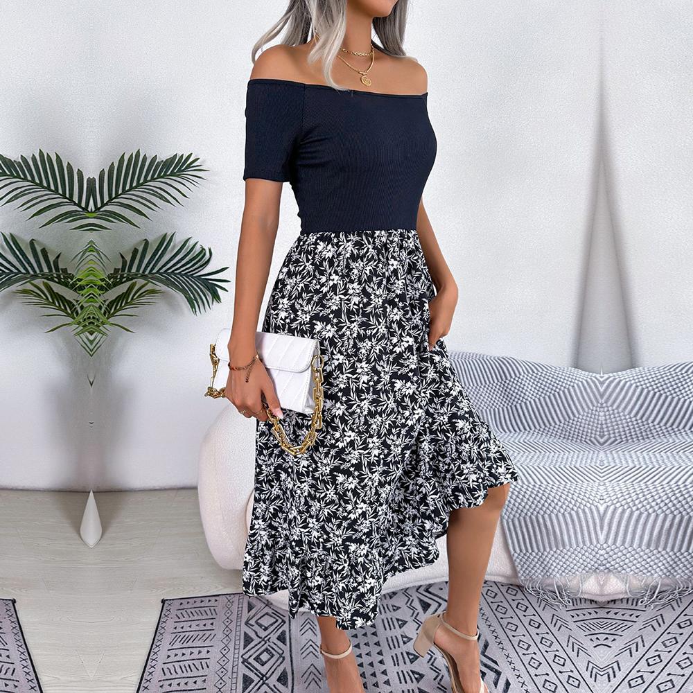 Kadın İlkbahar Yaz Omuz Açık Çiçek Fırfırlı Orta Uzun Elbise