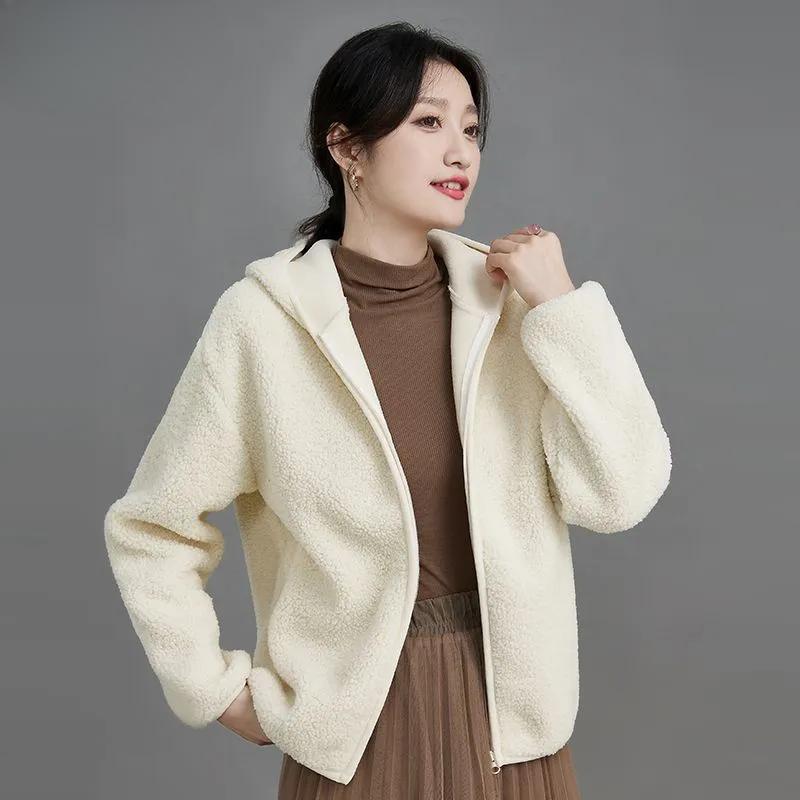 

Women s Autumn and Winter Jacket Short Imitation Lamb Velvet Hooded Cardigan Top Plus Velvet Warm Jacket XS бежевий
