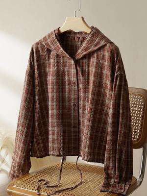 Women's Retro Plaid Hooded Jacket - Spring & Autumn Korean Fashion Shirt
