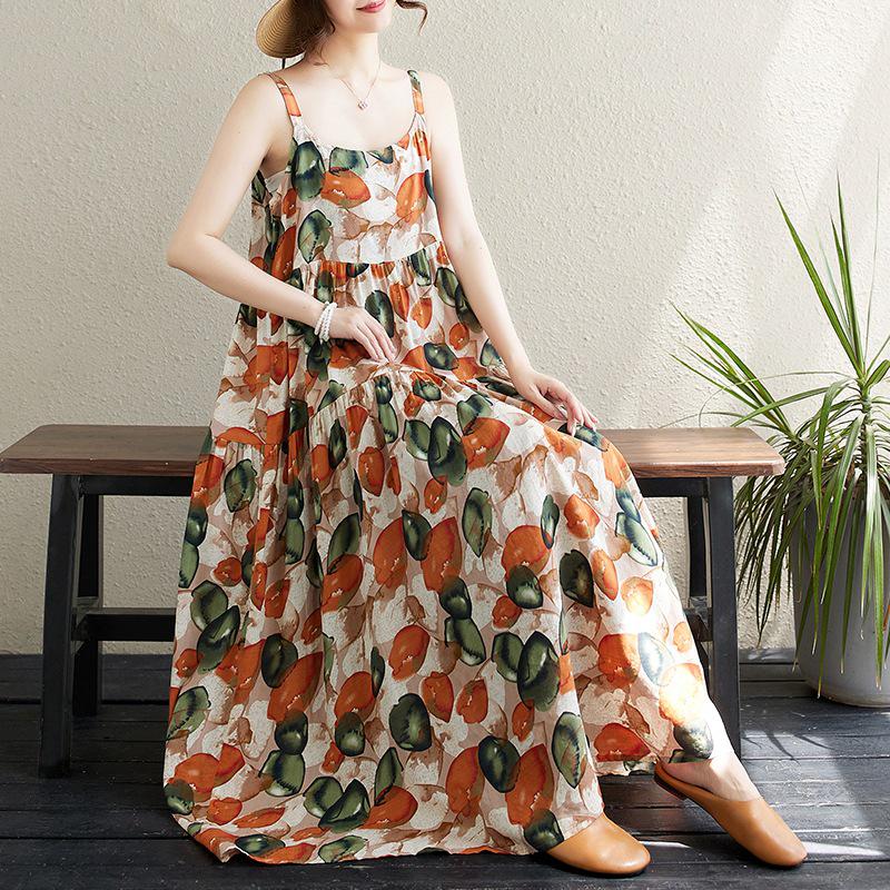 2024 Summer Cotton Linen Spaghetti Strap Long Dress with Large Hem and Slimming Fit