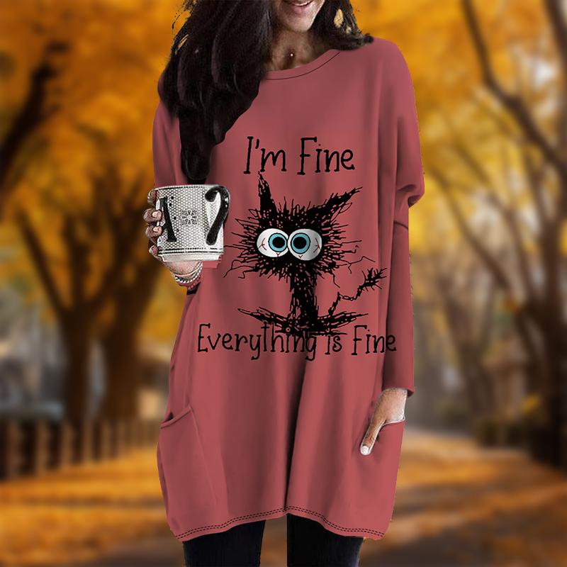 New In Autumn Melancholic Cat Print Plus Size Dress Women O'neck Long Sleeves Casual Pocket Dresses