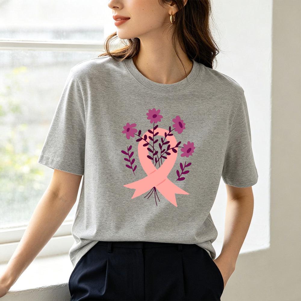 Purple Floral Bouquet Pink Ribbon Graphicunisex Summer T Shirt Breast Cancer Support Minimal Gentle Short Sleeve Apparel