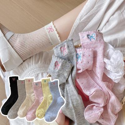 Female Spring and Summer Thin Idea Yarn Bow Embroidery Lace In The Tube Pile Socks