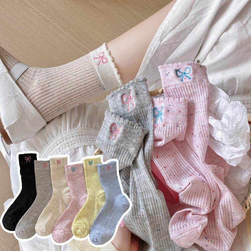 Female Spring and Summer Thin Idea Yarn Bow Embroidery Lace In The Tube Pile Socks