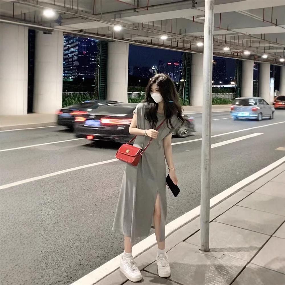 Women's Gray Slit T-Shirt Dress: Summer Slimming Waist-Cinching Short Sleeve Casual Maxi Dress