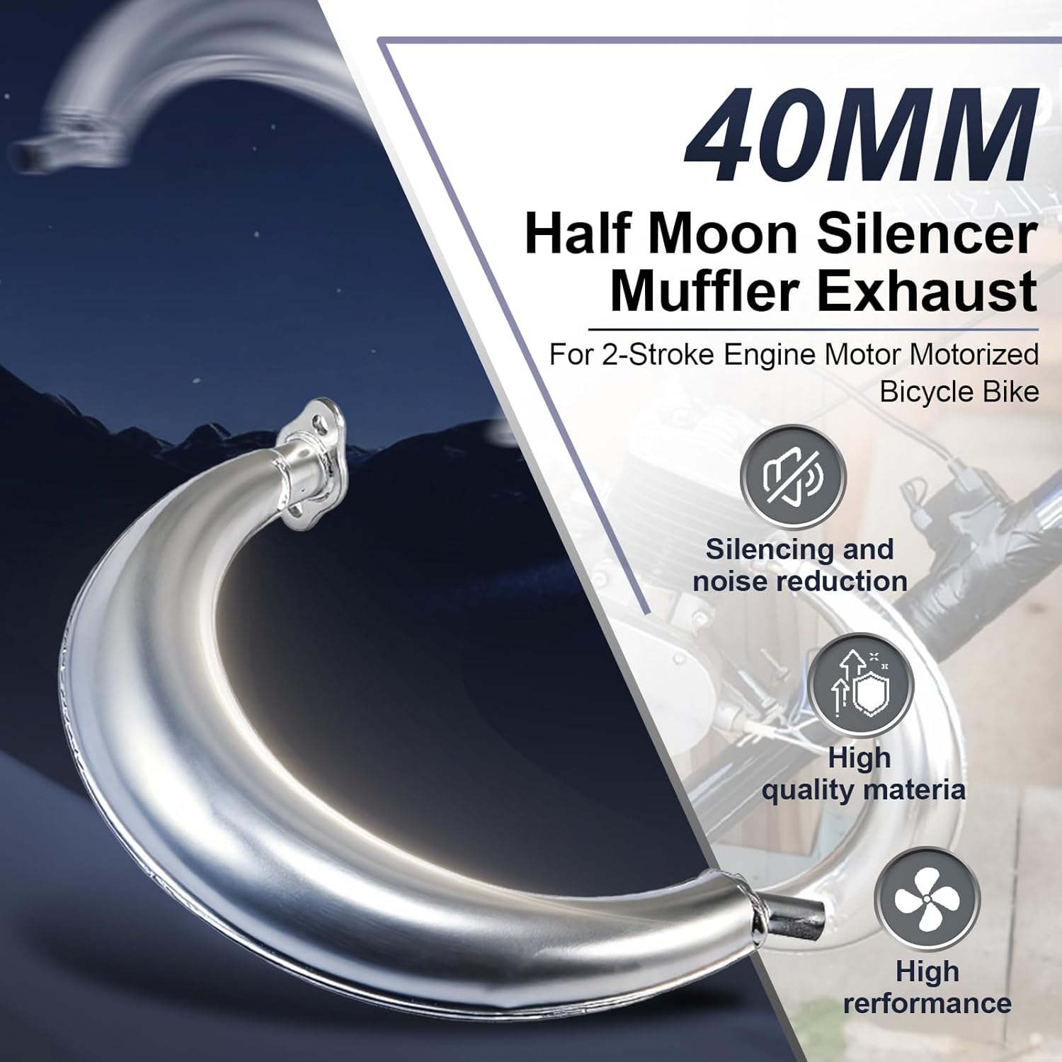 

Sthus40mm Half Moon Silencer Muffler Exhaust Black For 49cc 60cc 66cc 80cc 2-Stroke Engine Motor Motorized Bicycle Bike