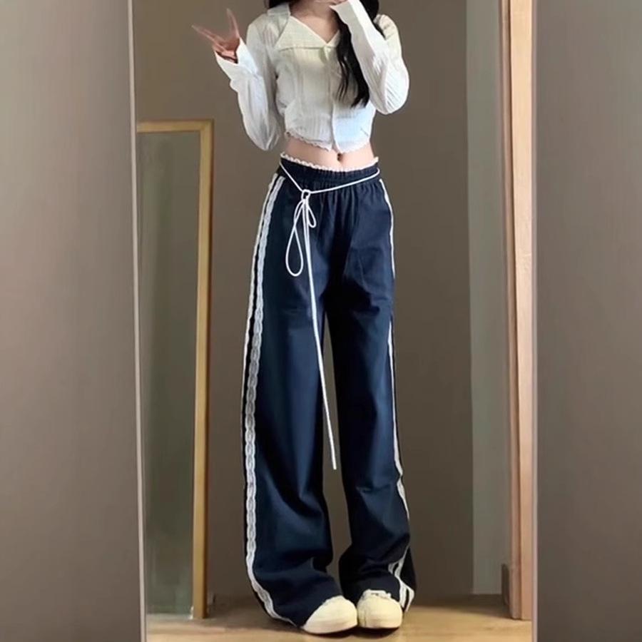 2025 Women's High Waist Lace Trim Wide Leg Casual Pants - Early Autumn