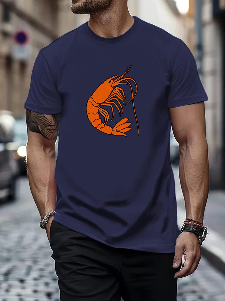 Unisex Summer White Short Sleeve Tee Minimalist Orange Shrimp Graphic Print Crew Neck Loose Casual Streetwear Male Fashion Tops
