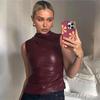 2026 New Fashionable Leather Turtleneck Personalized Waist-Cinching Asymmetrical Hem Sleeveless Women's Trendy Top