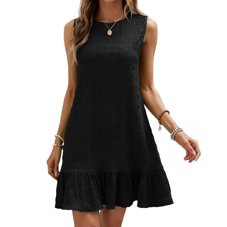 Dámské letní bez rukávů s vysokým pasem áčkového střihu mini šaty jednobarevné plisované jarní ležérní