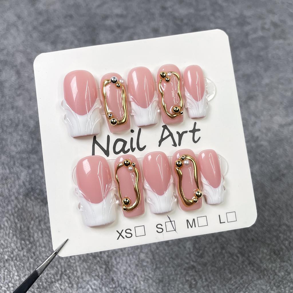 10 Pcs 3D Green Flower French Tip Handmade Press On Nails Reusable Stick On False Nails Manicure Decor