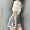 Korean Version of Retro Lace-edged Denim Shorts  Women with High Waist Loose Hot Pants Slimming A-line Shorts Wide Legs
